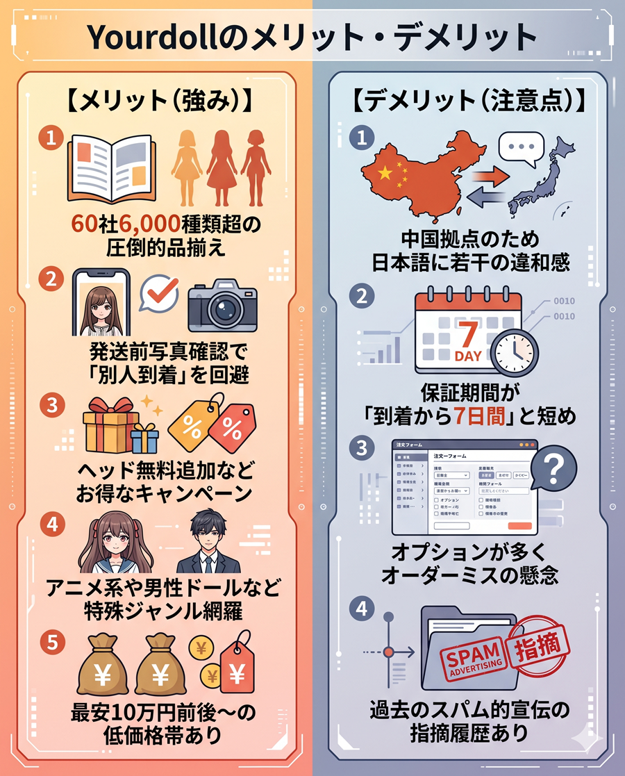 Yourdollのメリットとデメリットの比較図。品揃えや写真確認などのメリット5つと、短い保証期間などのデメリット4つを対比
