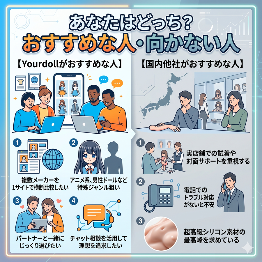 Yourdollがおすすめな人と国内他社がおすすめな人の特徴比較図。複数メーカー比較や特殊ジャンルを求める人向けか、対面サポート重視の人向けかで分類