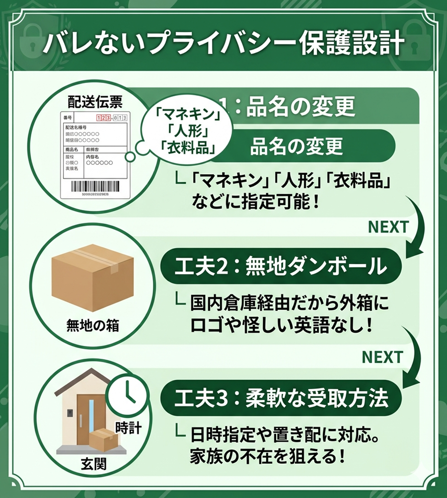 配送時にバレないための3つの工夫。品名の変更、無地ダンボールでの梱包、日時指定や置き配への対応