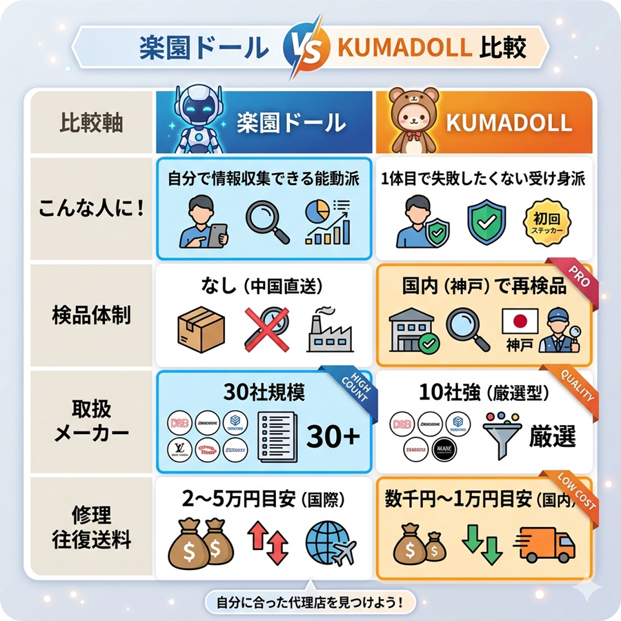 楽園ドールとKUMADOLLの比較表。検品体制、取扱メーカー数、修理時の往復送料などを対比