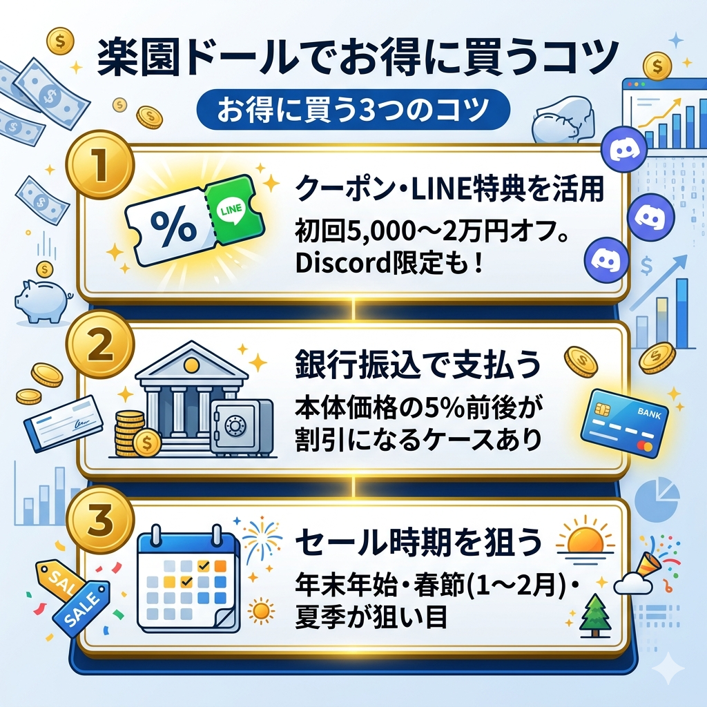 楽園ドールでお得に買う3つのコツ。クーポン活用、銀行振込割引、セール時期の狙い目を図解