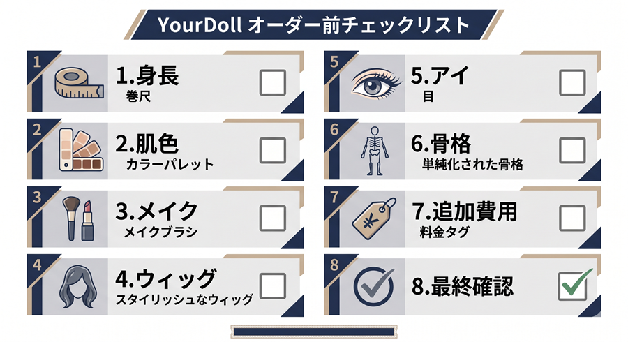 YourDollのオーダーミス防止チェックリスト。身長、肌色、メイク、ウィッグ、追加費用を図解