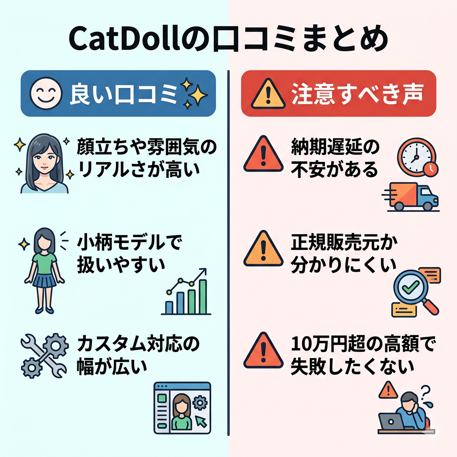 CatDollの口コミまとめを図解。顔立ちのリアルさやカスタム性などの良い点と、納期遅延や正規販売元の確認などの注意点を左右で対比