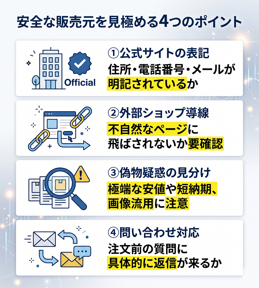 CatDollの安全な販売元を見極める4つのポイント。公式サイトの表記、外部ショップ導線、偽物の見分け方、問い合わせ対応の有無を整理