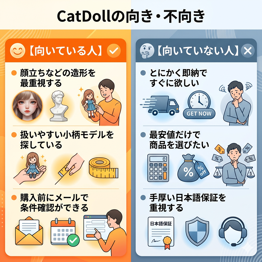 CatDollが向いている人と向いていない人の比較。造形重視や事前確認できる人に向く一方、即納や最安値重視の人には向かないことを整理