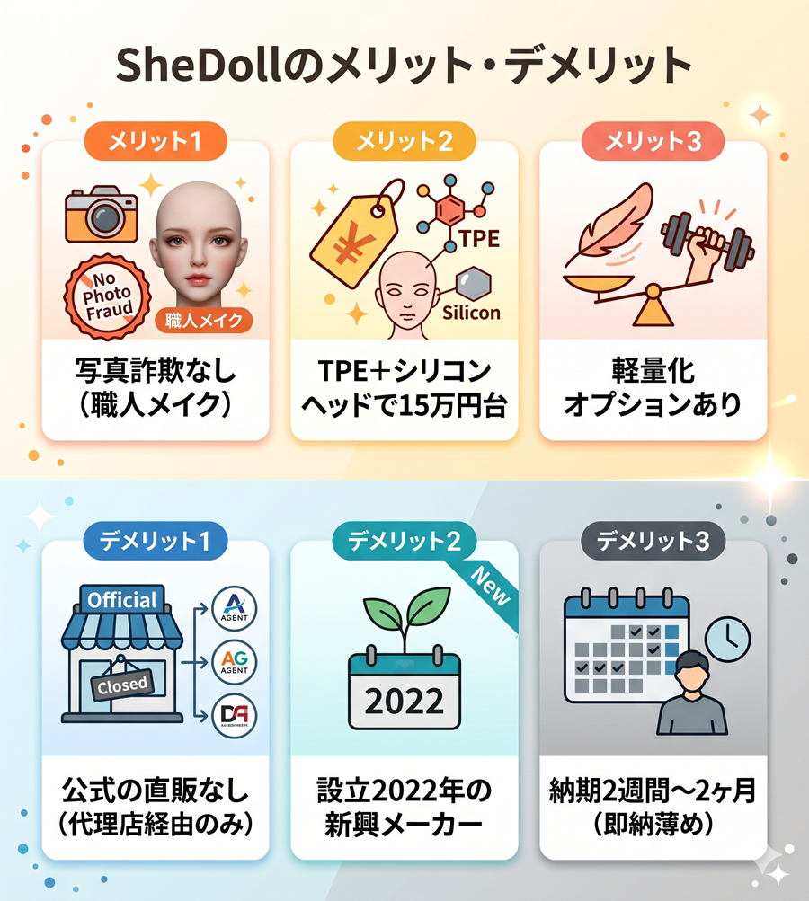 SheDollのメリットとデメリットのまとめ図解。写真詐欺なしや15万円台のコスパなどのメリットと、直販なしや即納在庫が薄いなどのデメリットを整理。